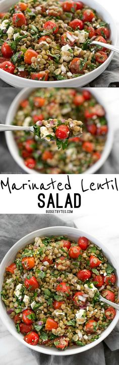 two bowls filled with different types of salads and one bowl full of tomatoes, spinach