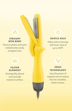 What it is: A tool that combines the structure of a flat iron with the airflow of a blow-dryer to create straight style with natural body and less frizz.Who it's for: Ideal for fine-to-medium hair types.What it does: The flat iron uses gentle heat to easily take hair from damp to dry in one step.Features and benefits:- Ionic technology reduces frizz and adds shine- Gentle heat of up to 250ºF helps reduce damage- 1.25" wide titanium plates provide even heat distribution- Strategically placed vent Towel Dry Hair, Detangling Brush, Blow Dryer, Latest Makeup, Natural Body, Flat Iron, Blow Dry, Beauty Trends, Medium Hair Styles