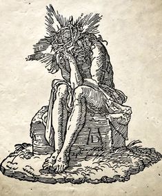 a drawing of a woman sitting on top of a rock with flowers in her hair