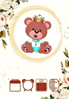 a teddy bear with a crown sitting in front of flowers