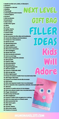 List of 60 gift bag filler ideas for kids' birthday parties, plus image of cute party bag. Birthday Party Gift Bags For Kids, Gift Bags Ideas What To Put In