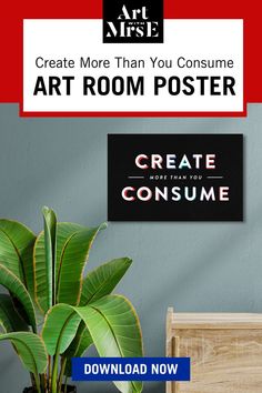 an advertisement for the art room poster is displayed in front of a blue wall and green plant