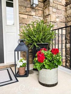 two potted plants sitting on the front porch next to a lantern and some flowers