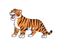 an orange tiger with its mouth open and it's teeth wide open, standing in front of a white background