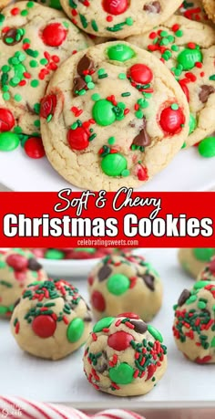 christmas cookies on a white plate with candy and sprinkles in the middle