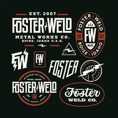 various logos and stickers on a black background, including the words foster weld