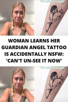 a woman with a tattoo on her arm that says, woman learns her guardian angel tattoo is accidentally new can't un - see it now