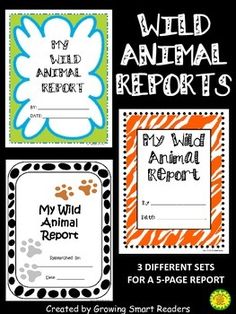 four different animal report cards with the words, wild animal reports and 3 different animals