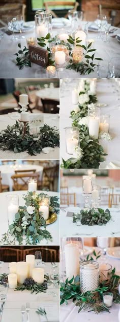 the table is set with candles and greenery