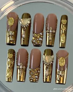 Religious Nails, Gold Bling Nails, Catholic Nails, Blinged Nails, Nails Gold, Long Nail Designs, Glamour Nails, Really Cute Nails