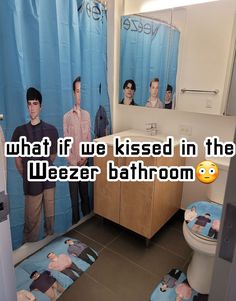 two men standing in front of a bathroom mirror with the words what if we kissed in the weezer bathroom?