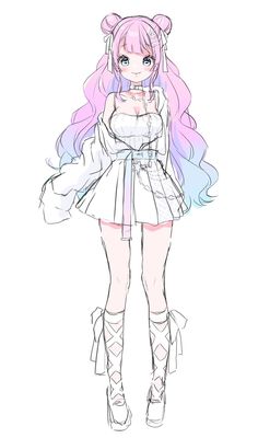 a drawing of a girl with long pink hair and blue eyes, wearing white clothes