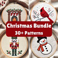 christmas embroidery patterns with the words christmas bundle in red and white, including snowman, cardinal