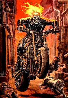 a painting of a skeleton riding a motorcycle with flames coming out of the back tire