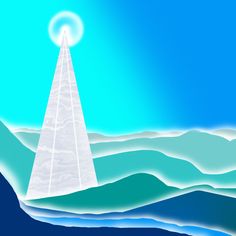 an illustration of a white pyramid in the middle of water with mountains and blue sky behind it