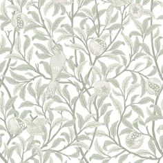 a white and green wallpaper with birds on the tree branches in front of it