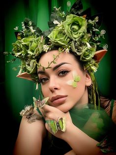 Elf Flower Crown, Flower Crown Green, Midsummer Festival, Fairy Flower Crown, Mother Nature Costume, Fairy Headband, Fairy Headpiece, Green Crown, Wood Nymph