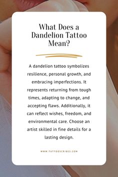 a woman's face with the words what does a dandelion tattoo mean?