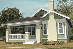 this is a computer rendering of a small house with porches on the front and side