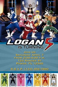 an advertisement for a show featuring the power rangers and their names in different colors, sizes and