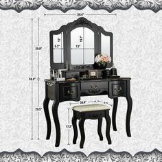 an image of a dressing table with mirror and stool measurements for the vanity area in front of it