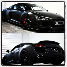 two pictures of the same sports car in different stages of being painted black and red