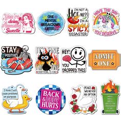 several stickers with different types of cartoon characters and words on them, all in various colors