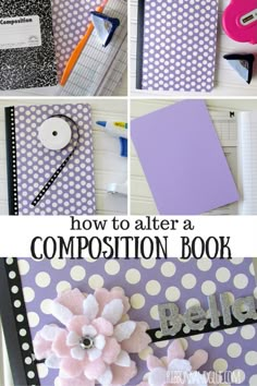 how to alter a composition book into an art project with paper flowers and polka dots