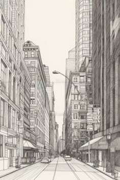 a drawing of a city street with tall buildings