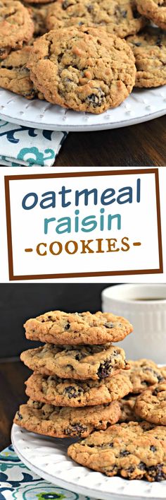 oatmeal raisin cookies stacked on top of each other in front of a white plate