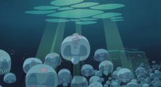 an underwater scene with many jellyfishs floating in the water