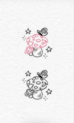 two drawings of mushrooms and stars are shown in this drawing, one has a mushroom on it