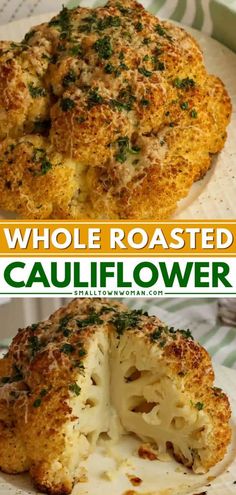 two images side by side one shows cauliflower and the other shows whole roasted cauliflower