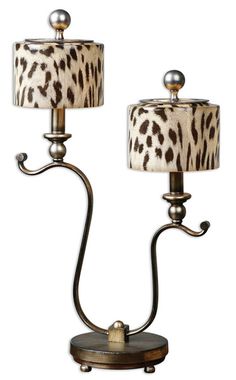 a pair of lamps with leopard print shades on them