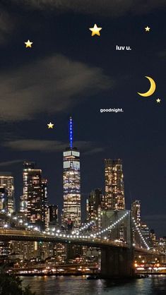 the city skyline is lit up at night with stars and crescents in the sky