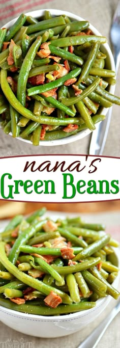 green beans with bacon in a white bowl