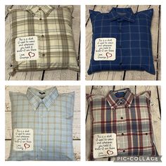 four different types of plaid shirts with tags on the front and back, all in different colors