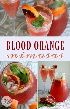 blood orange mimosa cocktails with garnishes and mint on the rim