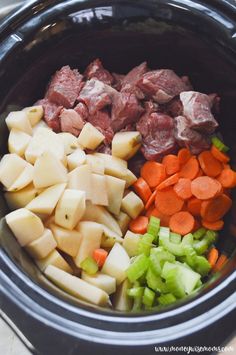 the food is prepared and ready to be cooked in the crock pot for dinner