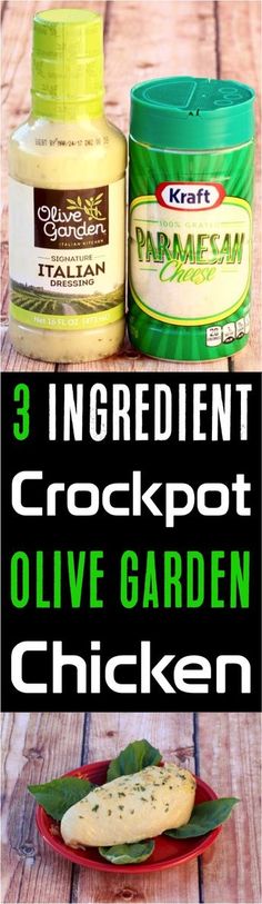 three ingredient crockpot olive garden chicken on a wooden table with text overlay