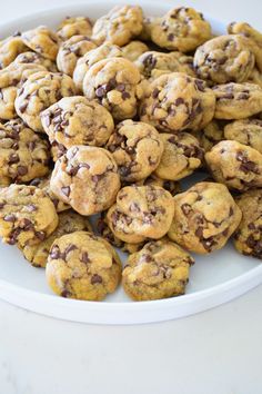 a plate full of chocolate chip cookies on a table