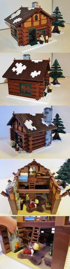 three different views of a house made out of legos