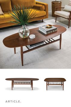 the coffee table is made out of wood and has two different types of furniture on it