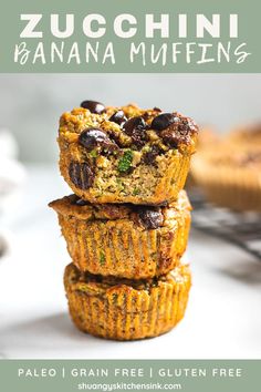 three zucchini banana muffins stacked on top of each other with the title overlay