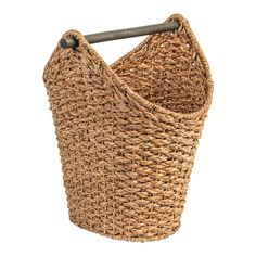 a large woven basket with a wooden handle