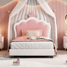 a pink and white bed in a bedroom with curtains on the headboard, two nightstands, and a chandelier