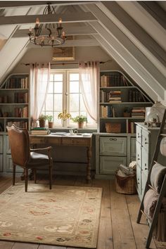 an attic office with lots of bookshelves and desks in the corner, along with a ladder leading up to a window