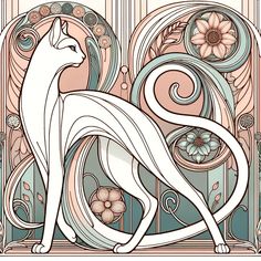 a drawing of a white cat with swirls and flowers on it's back