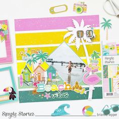 the scrapbook is filled with colorful pictures and paper crafts, such as beach scenes