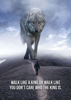 a man walking down a dirt road next to a wolf on top of a hill